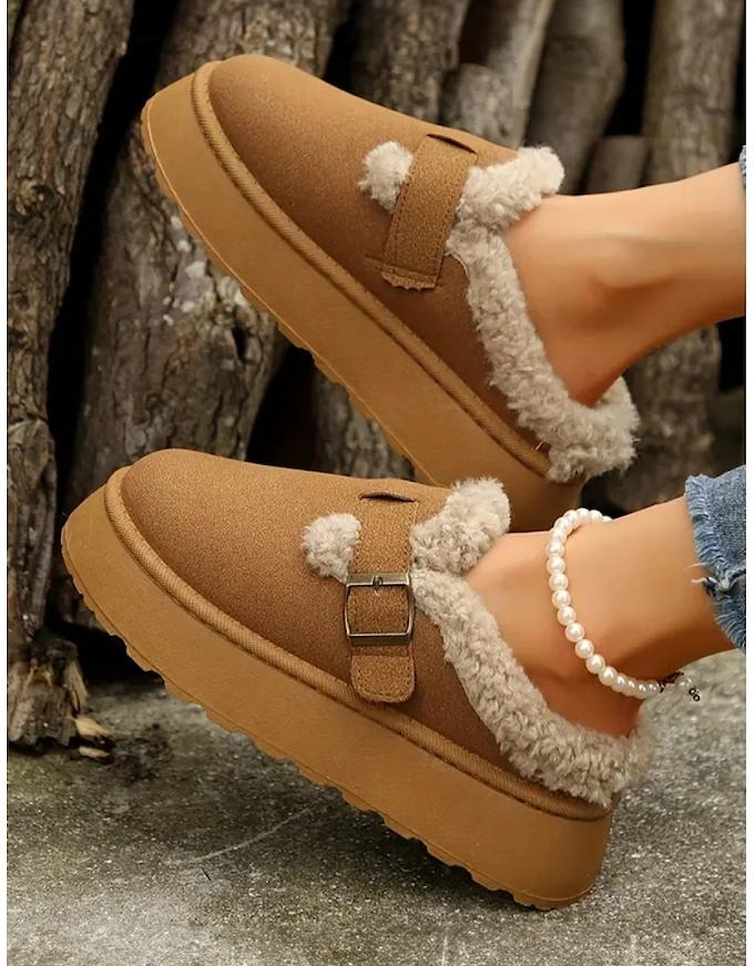 Brown Plush Patched Buckle Decor Thick Sole Thermal Slippers