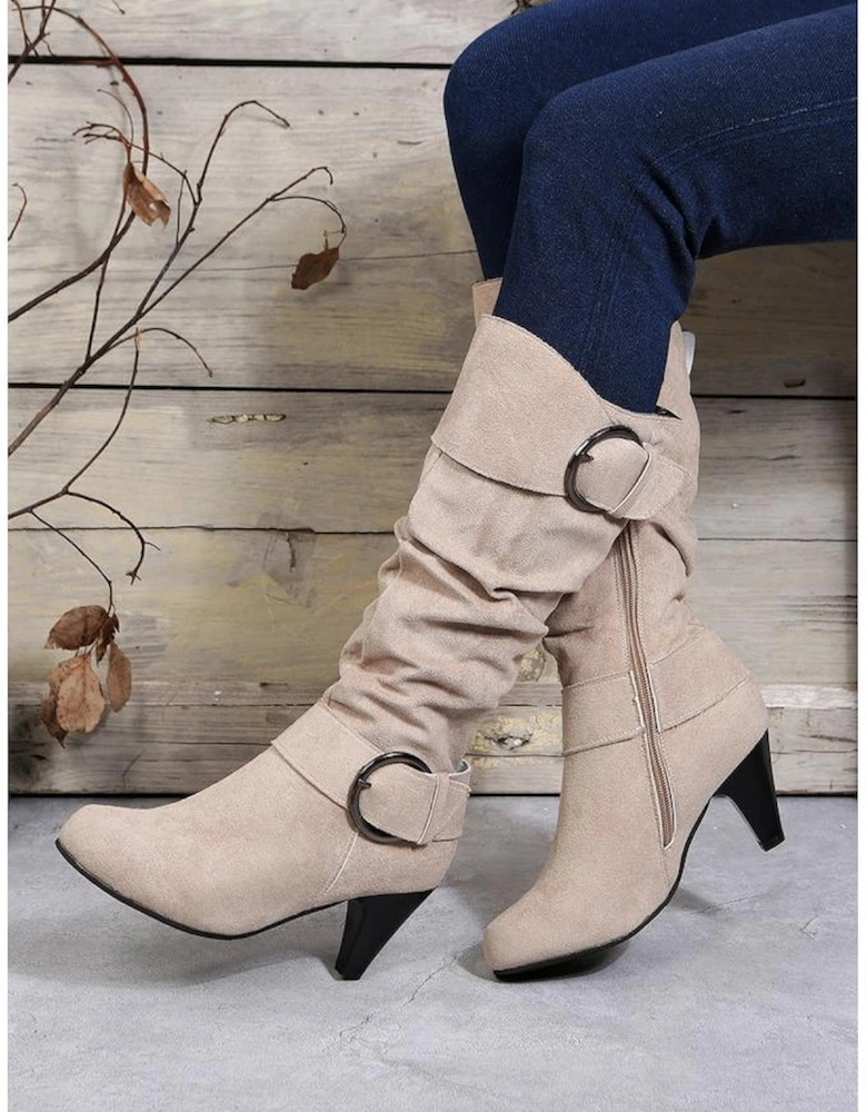 Beige Dual Buckle Strap Side Zip Heeled Mid Calf Boots