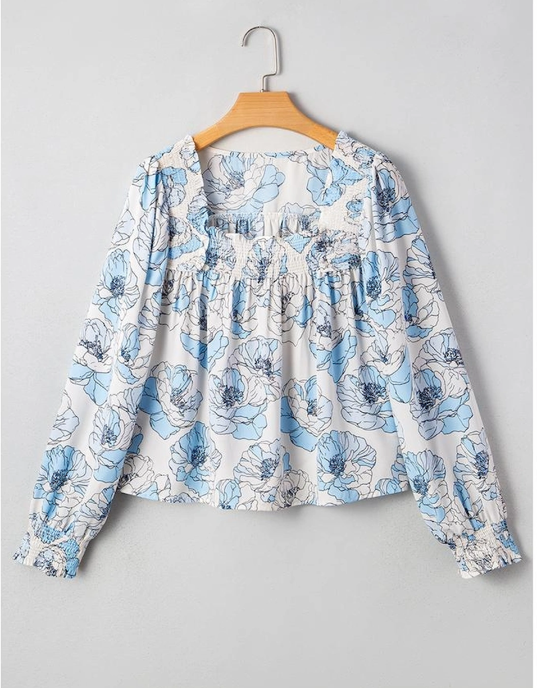 Sky Blue Floral Print Frilly Smocked Square Neck Long Sleeve Blouse