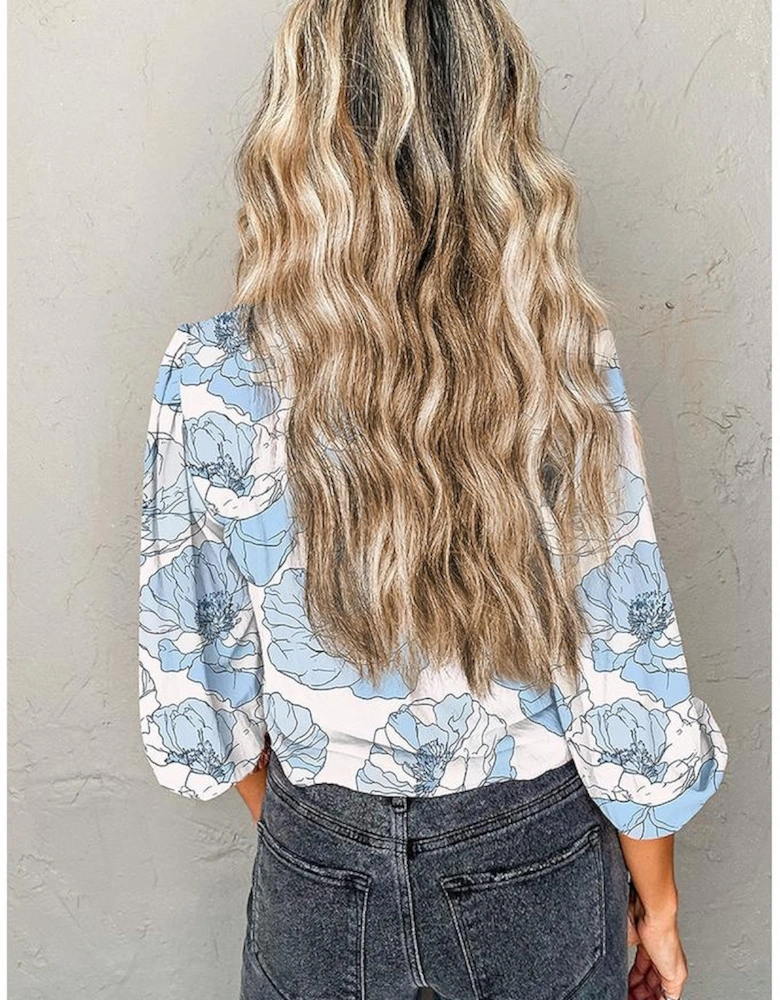 Sky Blue Floral Print Frilly Smocked Square Neck Long Sleeve Blouse