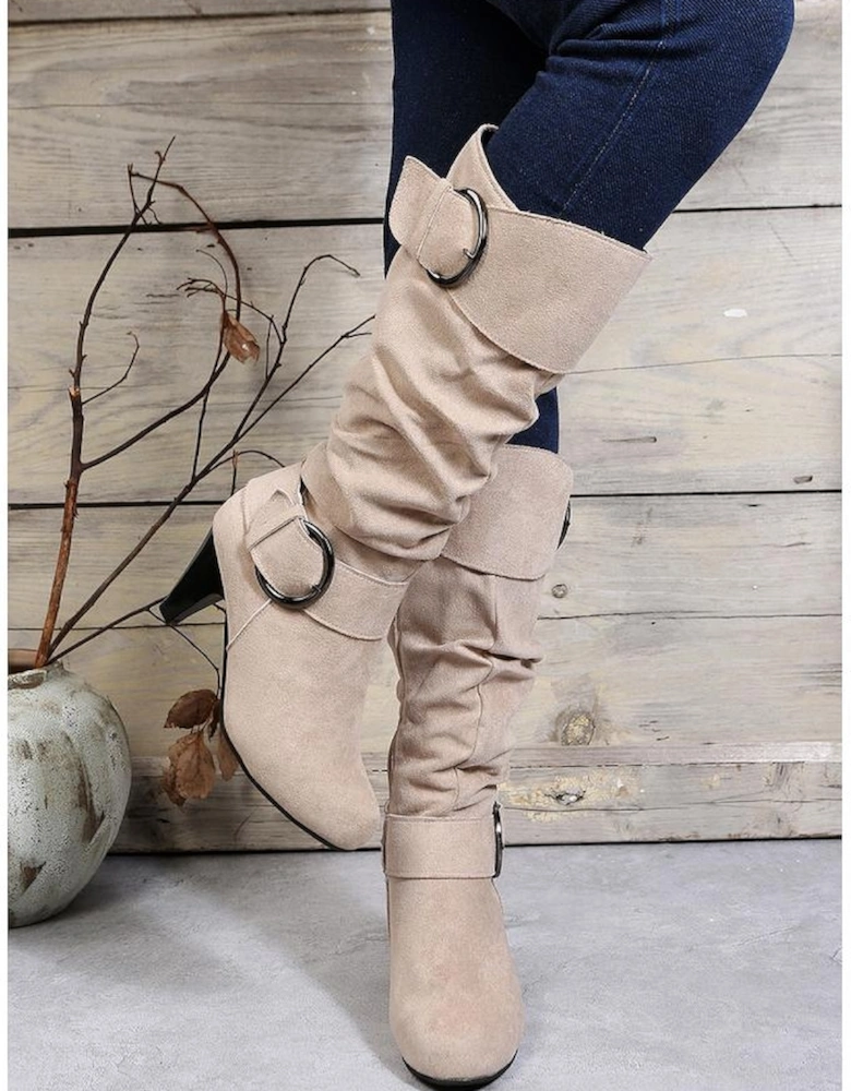 Beige Dual Buckle Strap Side Zip Heeled Mid Calf Boots