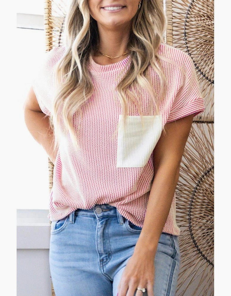 Pink Corded Knit Color Block Pocketed Crew Neck T Shirt