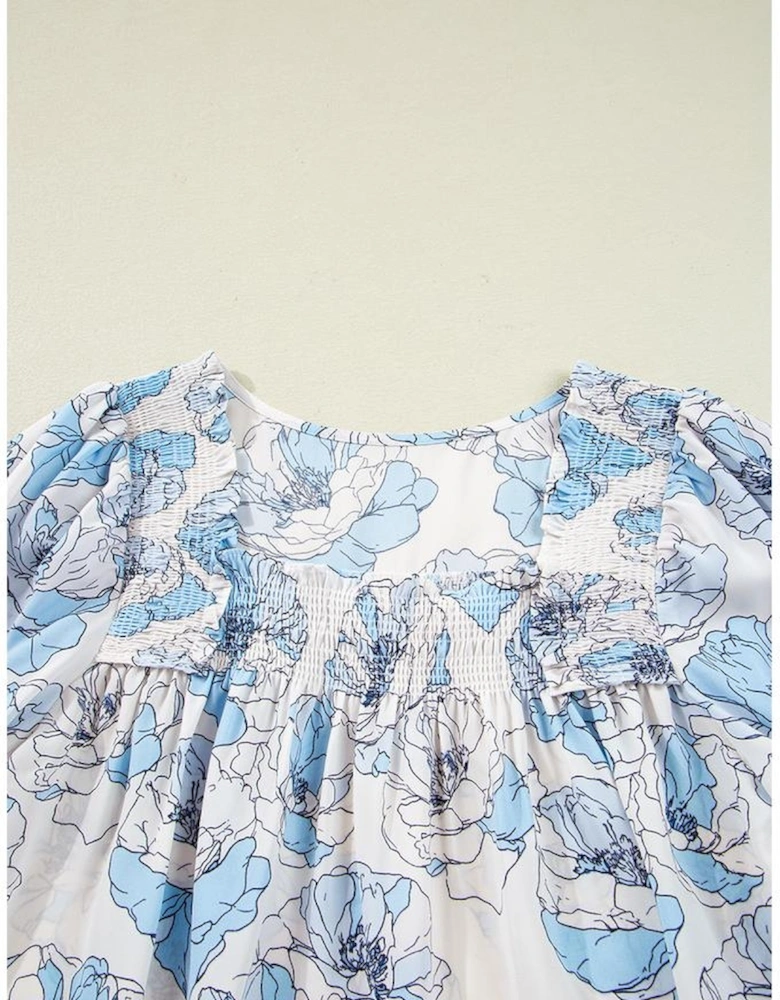 Sky Blue Floral Print Frilly Smocked Square Neck Long Sleeve Blouse