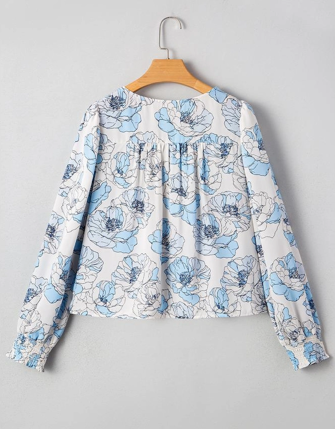 Sky Blue Floral Print Frilly Smocked Square Neck Long Sleeve Blouse