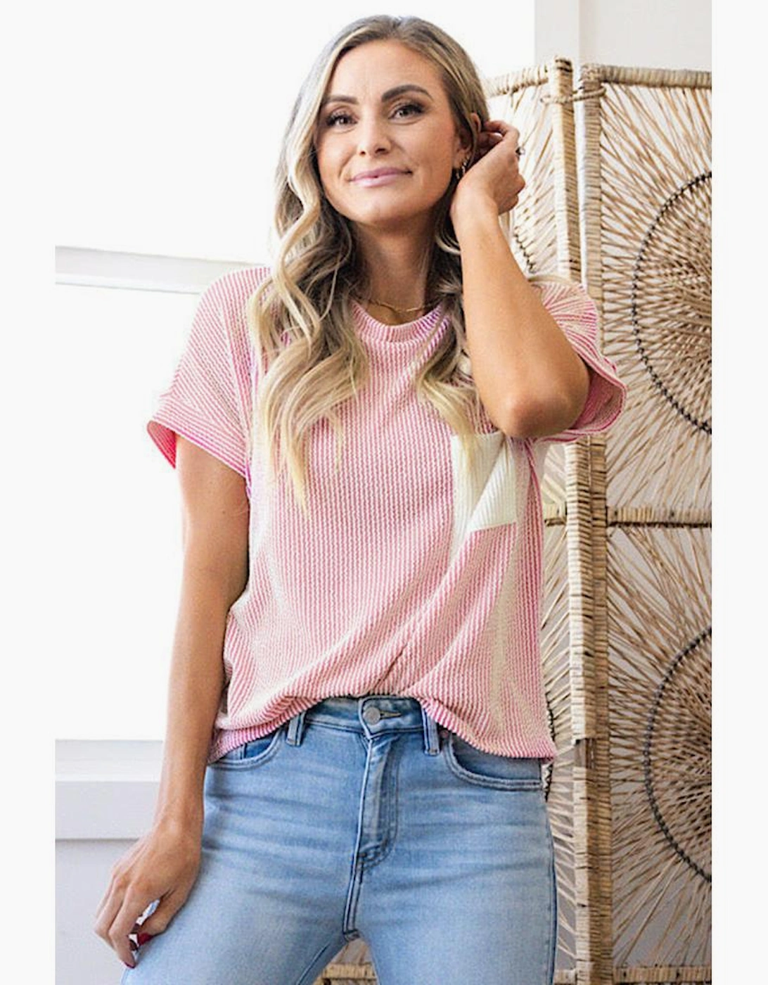 Pink Corded Knit Color Block Pocketed Crew Neck T Shirt