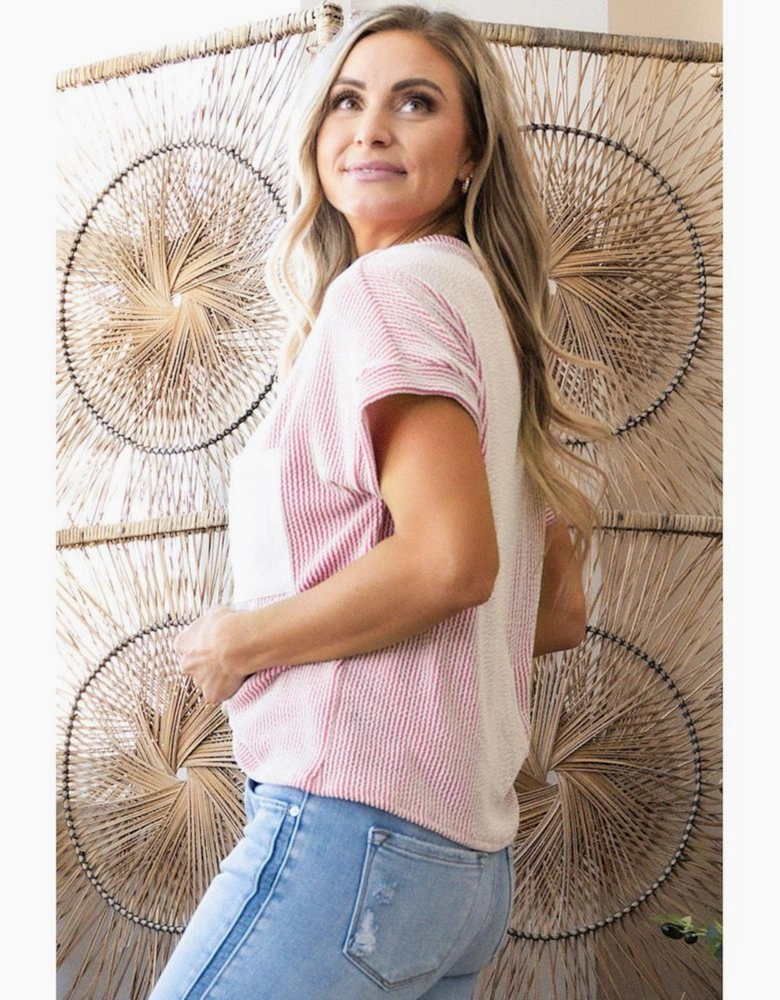 Pink Corded Knit Color Block Pocketed Crew Neck T Shirt
