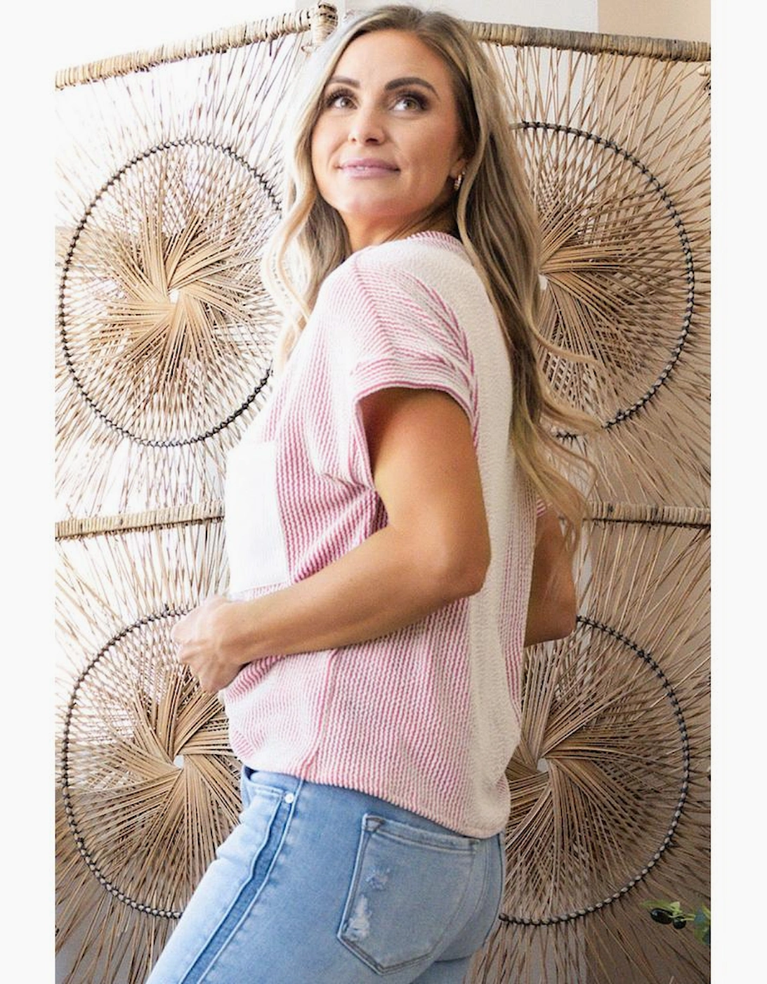 Pink Corded Knit Color Block Pocketed Crew Neck T Shirt