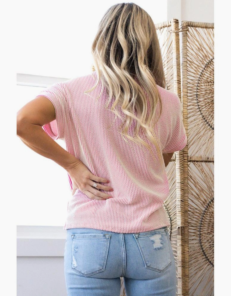 Pink Corded Knit Color Block Pocketed Crew Neck T Shirt