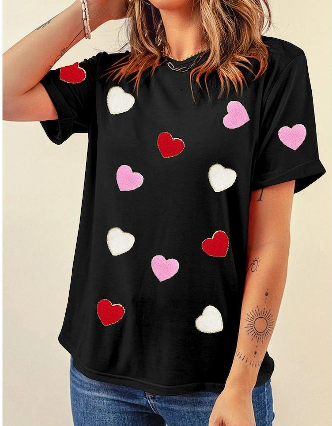 Black Valentines Chenille Heart Patched Pattern Crewneck Tee