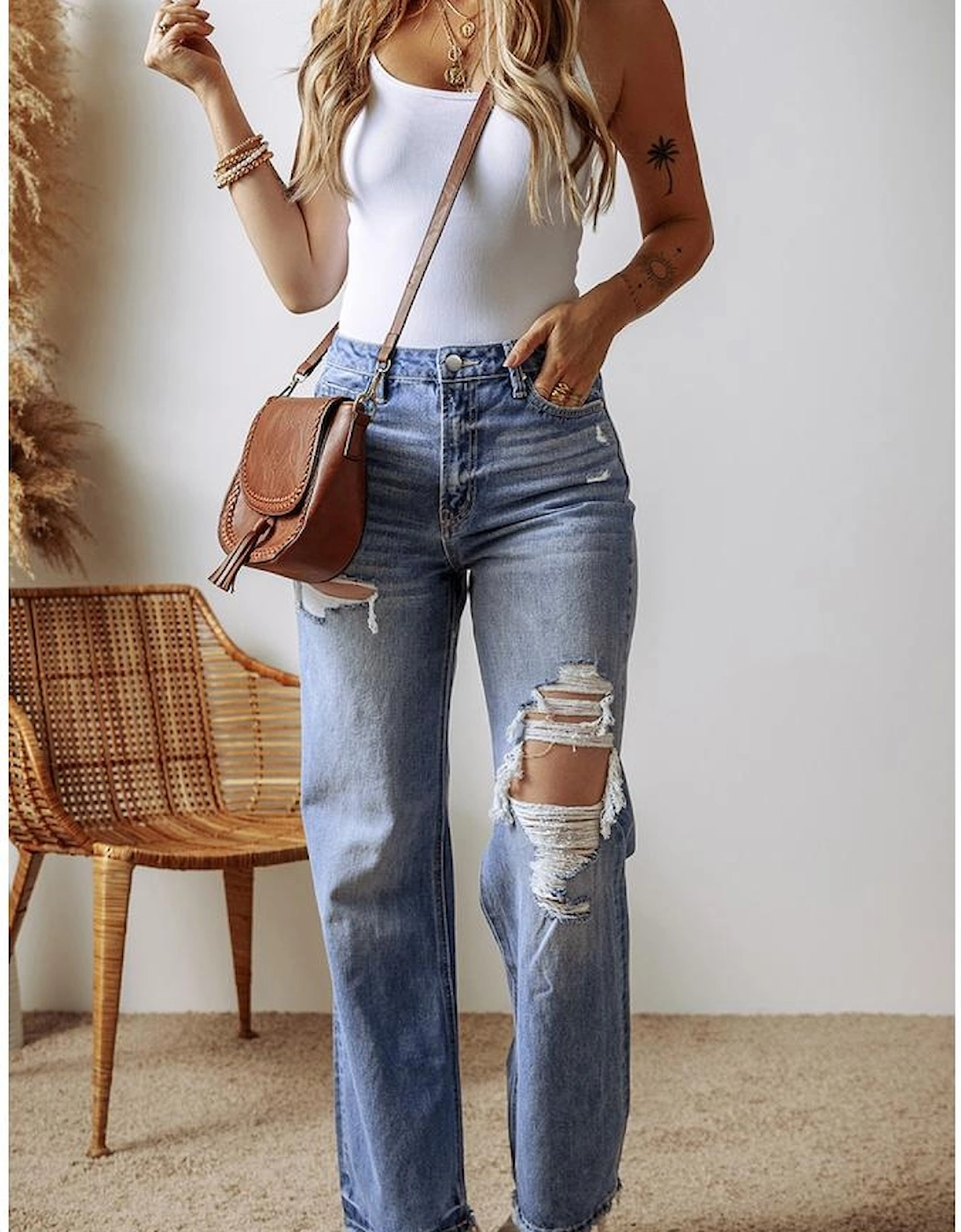 Ashleigh Blue Distressed Raw Hem Straight Leg High Waist Jeans
