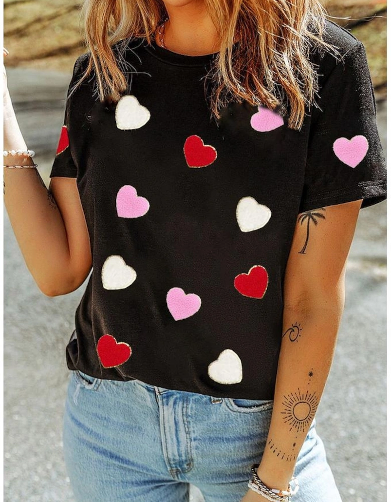 Black Valentines Chenille Heart Patched Pattern Crewneck Tee