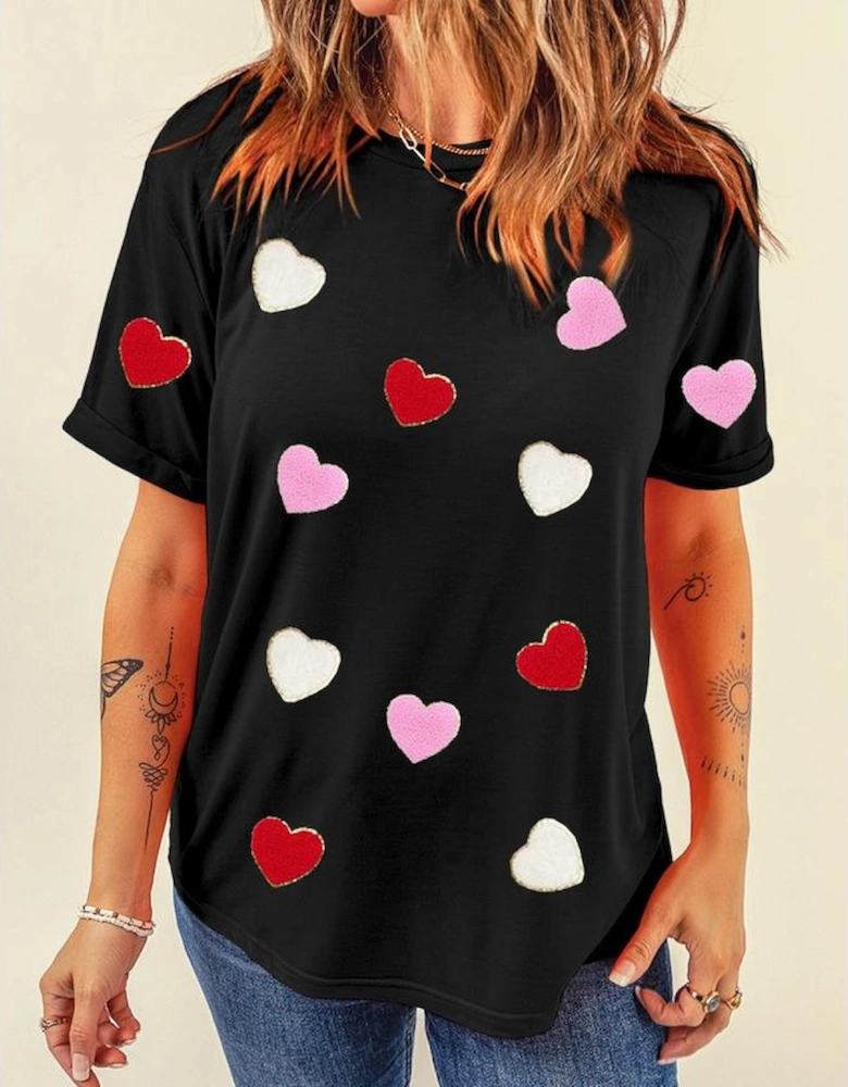 Black Valentines Chenille Heart Patched Pattern Crewneck Tee
