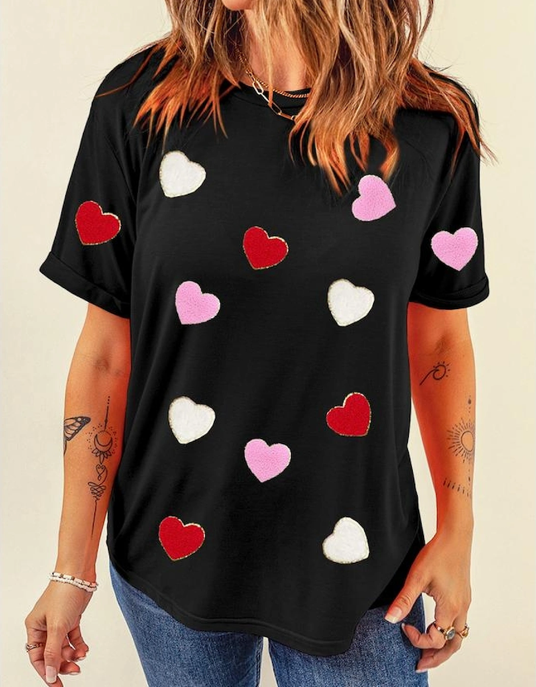 Black Valentines Chenille Heart Patched Pattern Crewneck Tee, 8 of 7