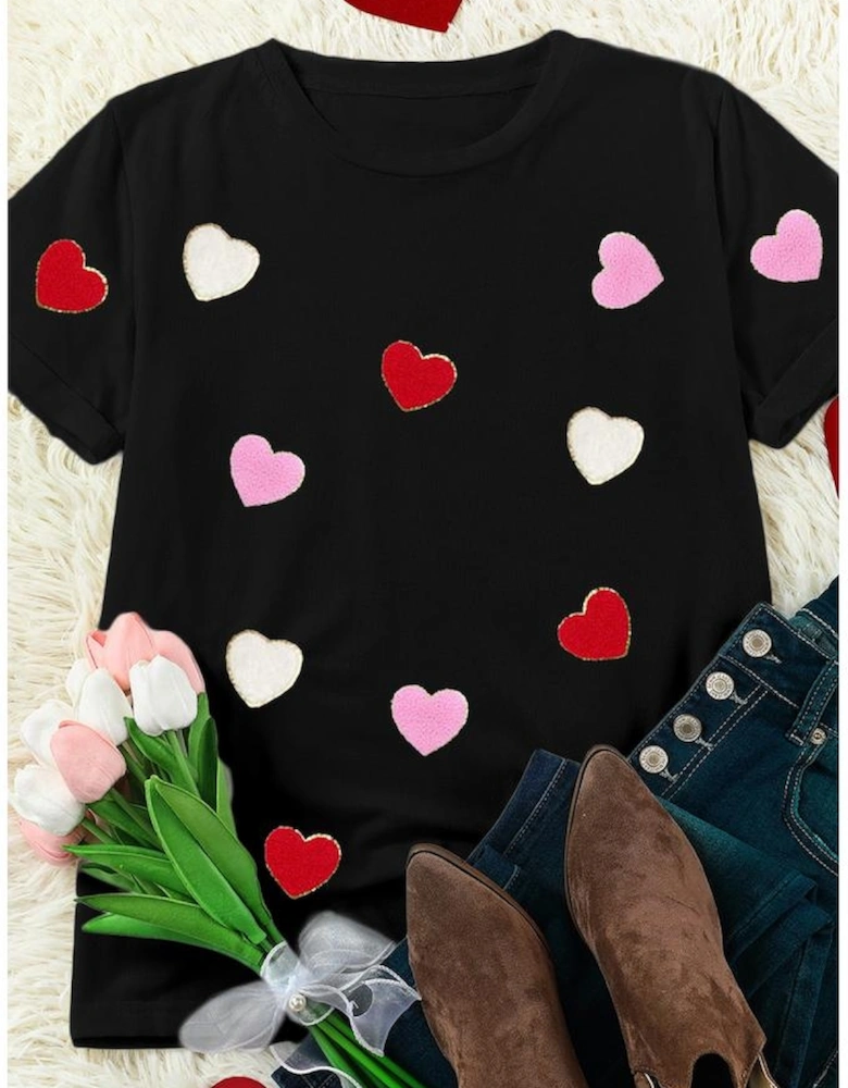Black Valentines Chenille Heart Patched Pattern Crewneck Tee