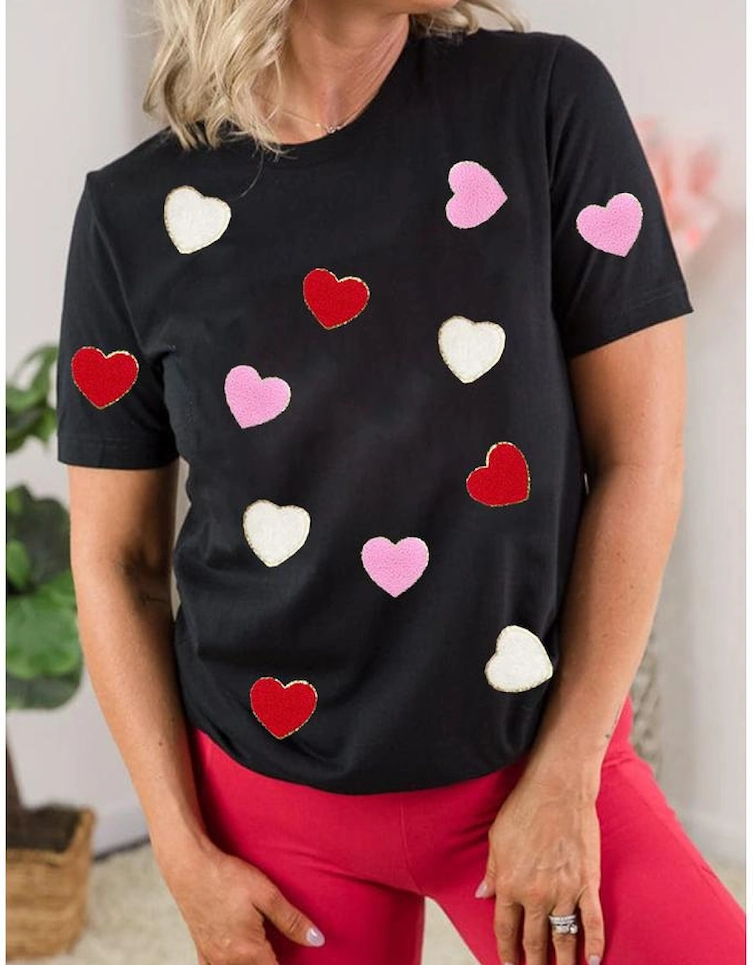 Black Valentines Chenille Heart Patched Pattern Crewneck Tee