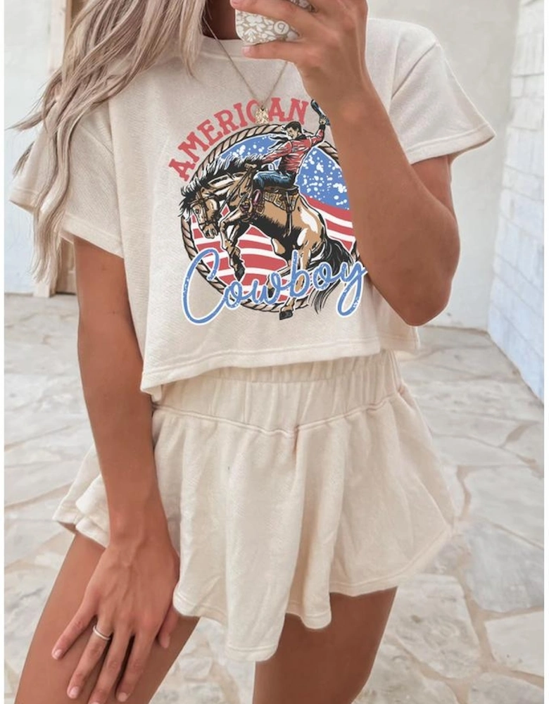 Beige American Cowboy Western Graphic Tee and Ruffle Skort 2pcs Set