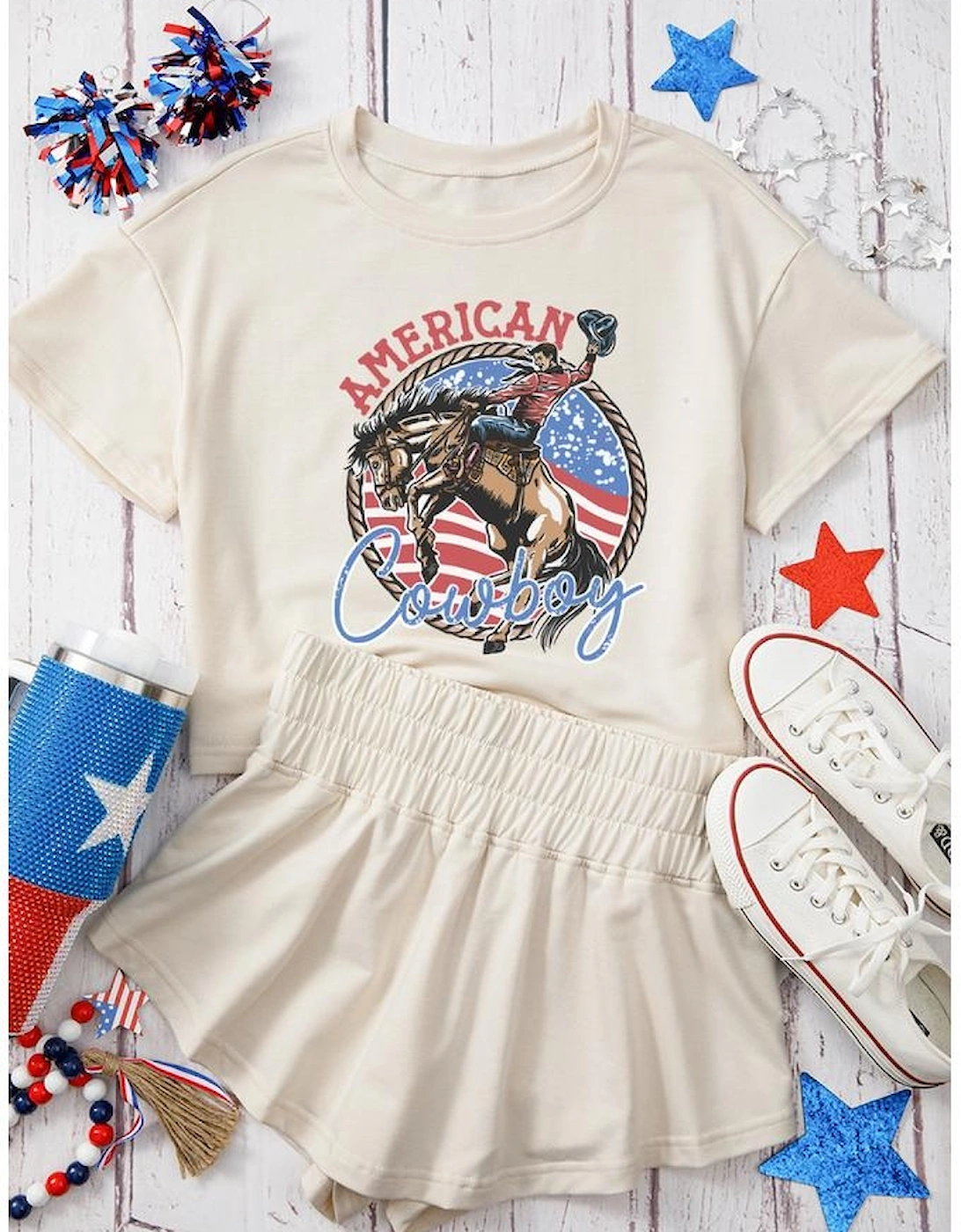 Beige American Cowboy Western Graphic Tee and Ruffle Skort 2pcs Set