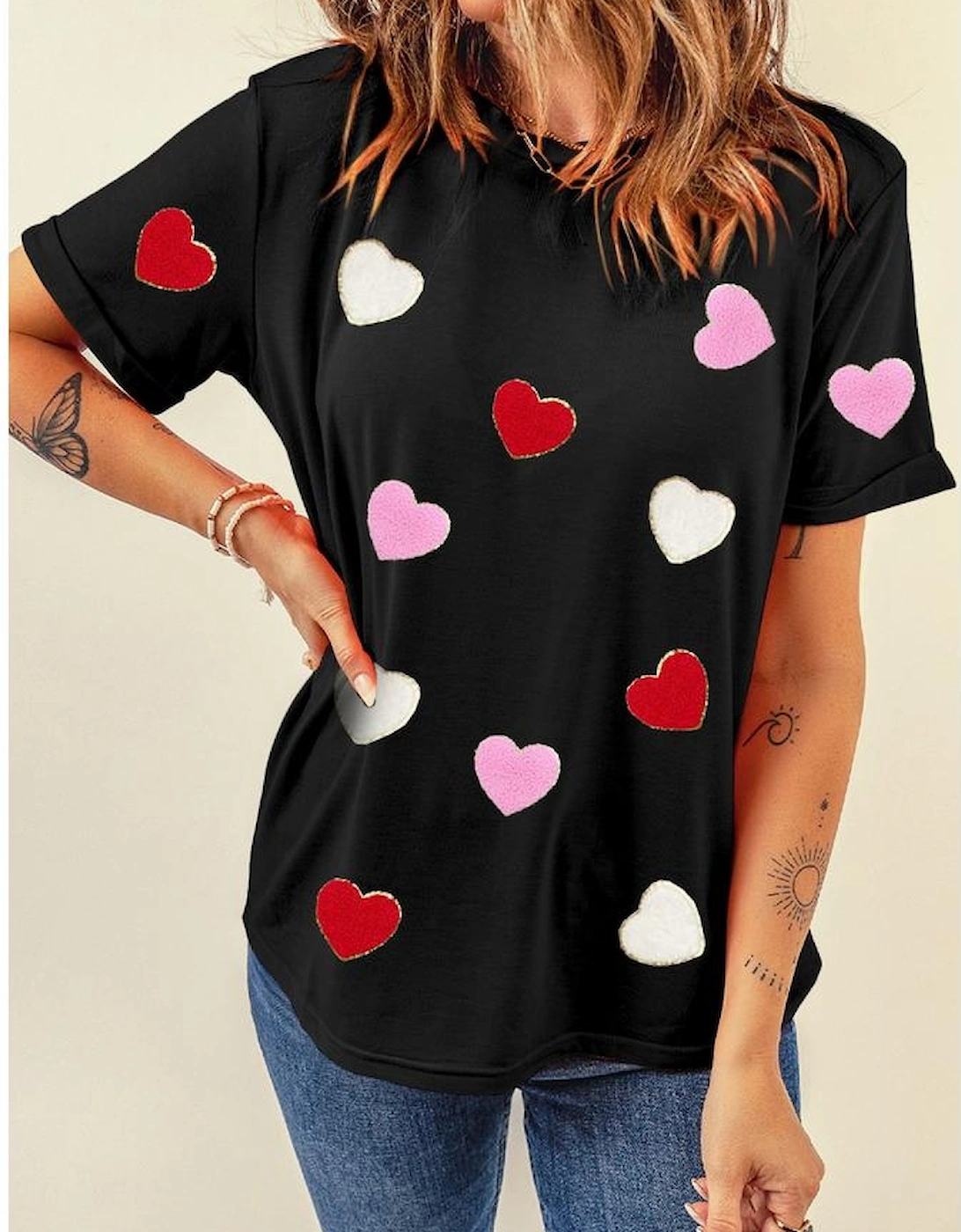 Black Valentines Chenille Heart Patched Pattern Crewneck Tee