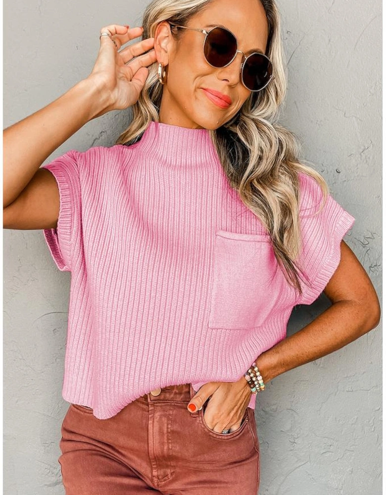 Pink Patch Pocket Ribbed Knit Short Sleeve Sweater