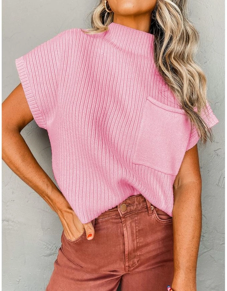 Pink Patch Pocket Ribbed Knit Short Sleeve Sweater