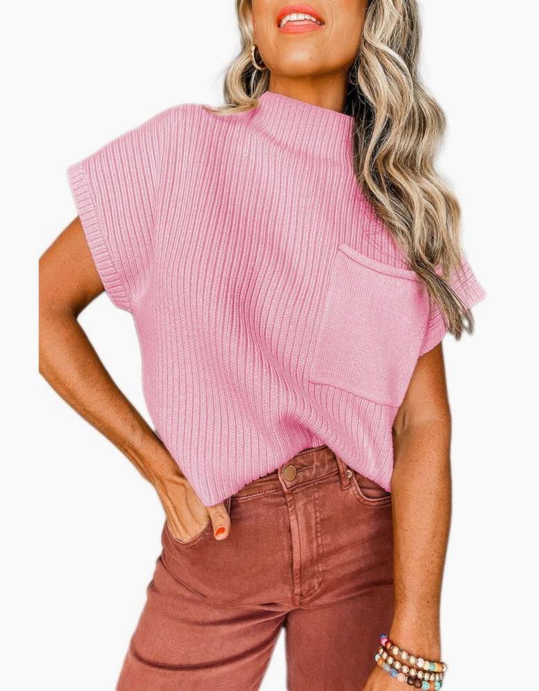 Pink Patch Pocket Ribbed Knit Short Sleeve Sweater