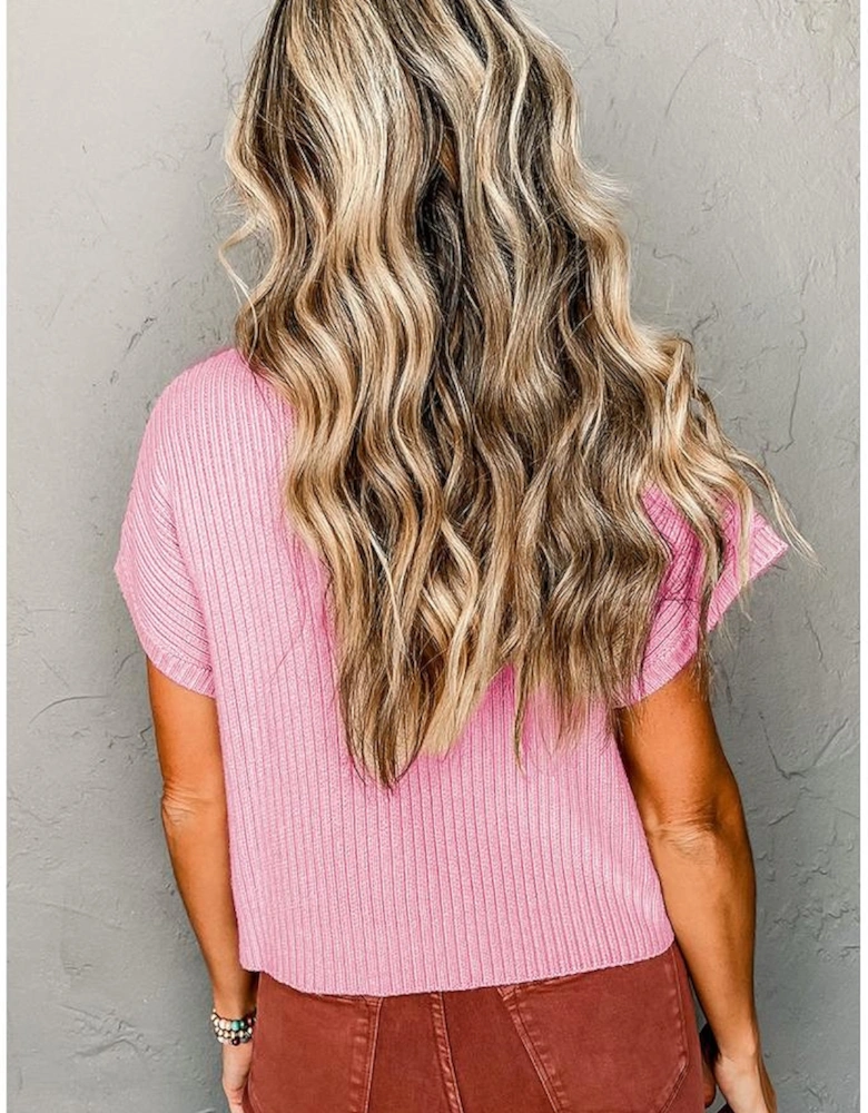 Pink Patch Pocket Ribbed Knit Short Sleeve Sweater