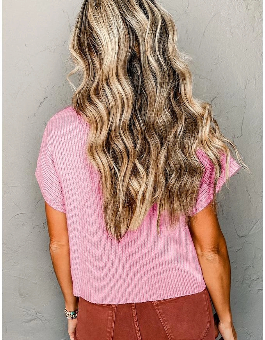 Pink Patch Pocket Ribbed Knit Short Sleeve Sweater