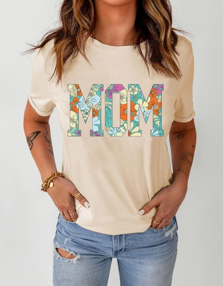 Khaki MOM Floral Letter Print T Shirt