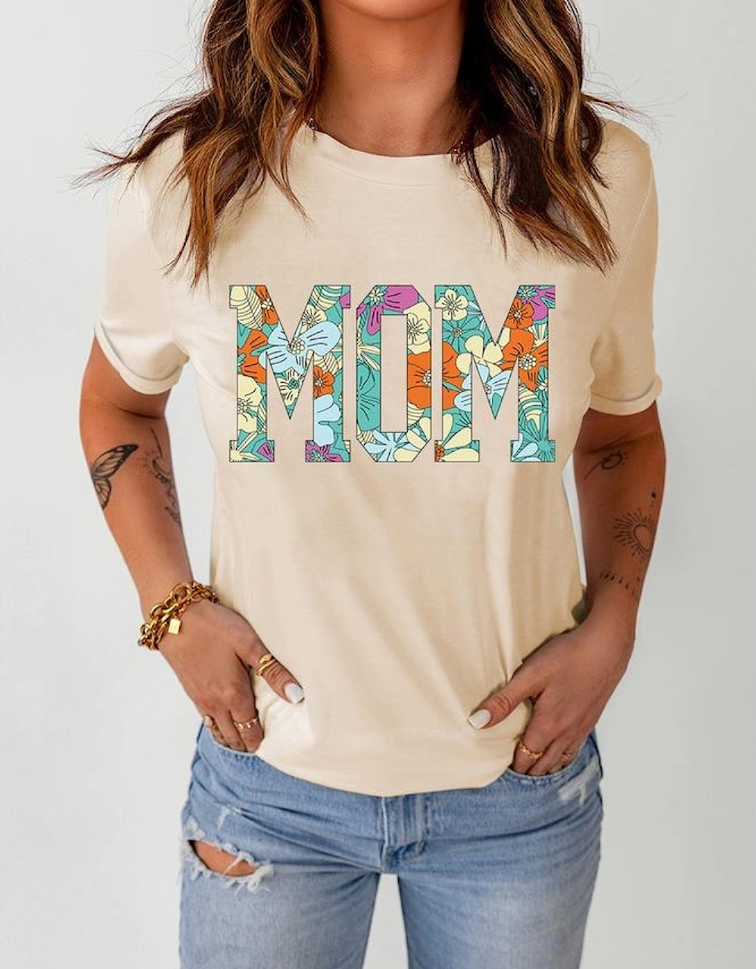 Khaki MOM Floral Letter Print T Shirt, 10 of 9