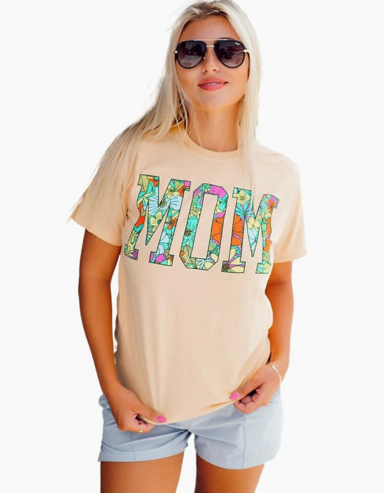 Khaki MOM Floral Letter Print T Shirt