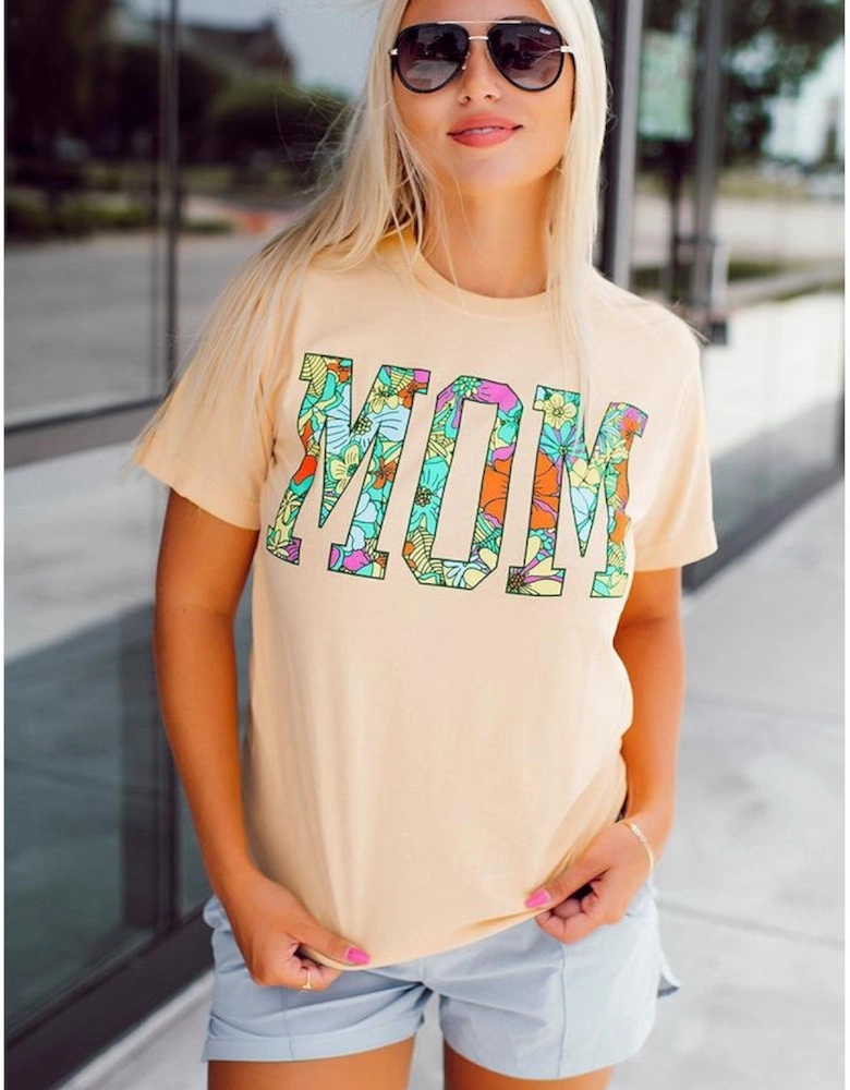 Khaki MOM Floral Letter Print T Shirt