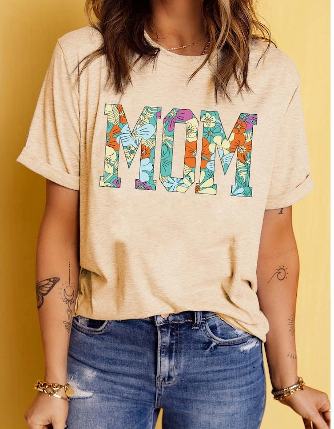 Khaki MOM Floral Letter Print T Shirt