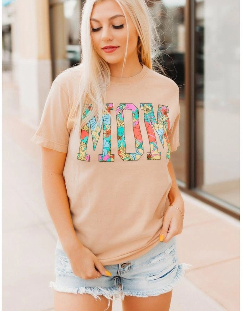 Khaki MOM Floral Letter Print T Shirt
