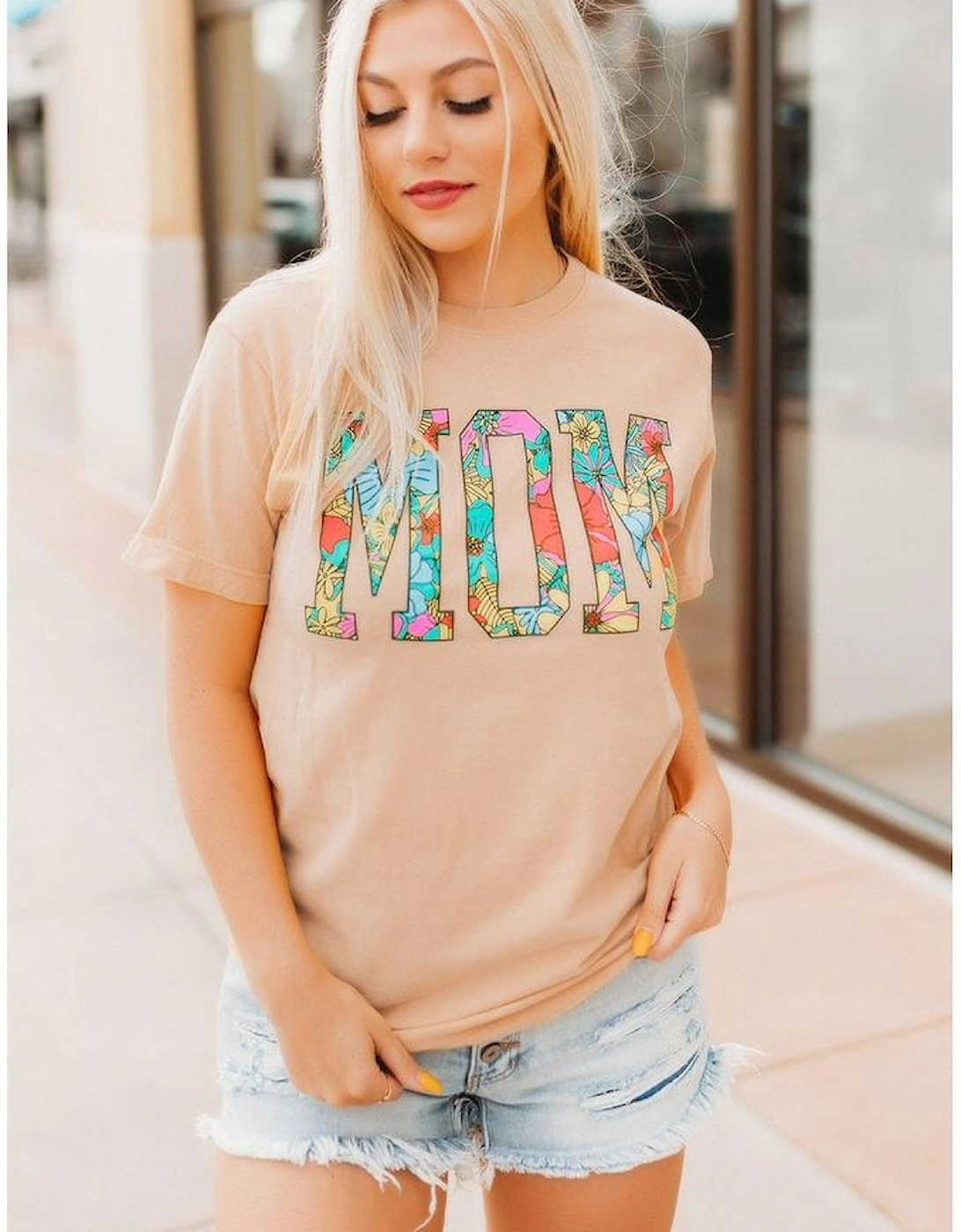 Khaki MOM Floral Letter Print T Shirt