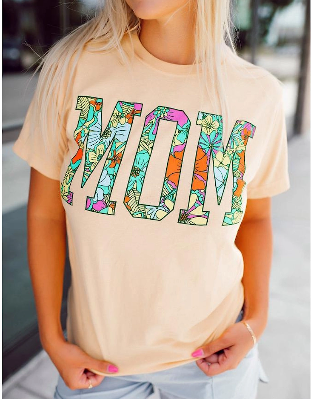 Khaki MOM Floral Letter Print T Shirt