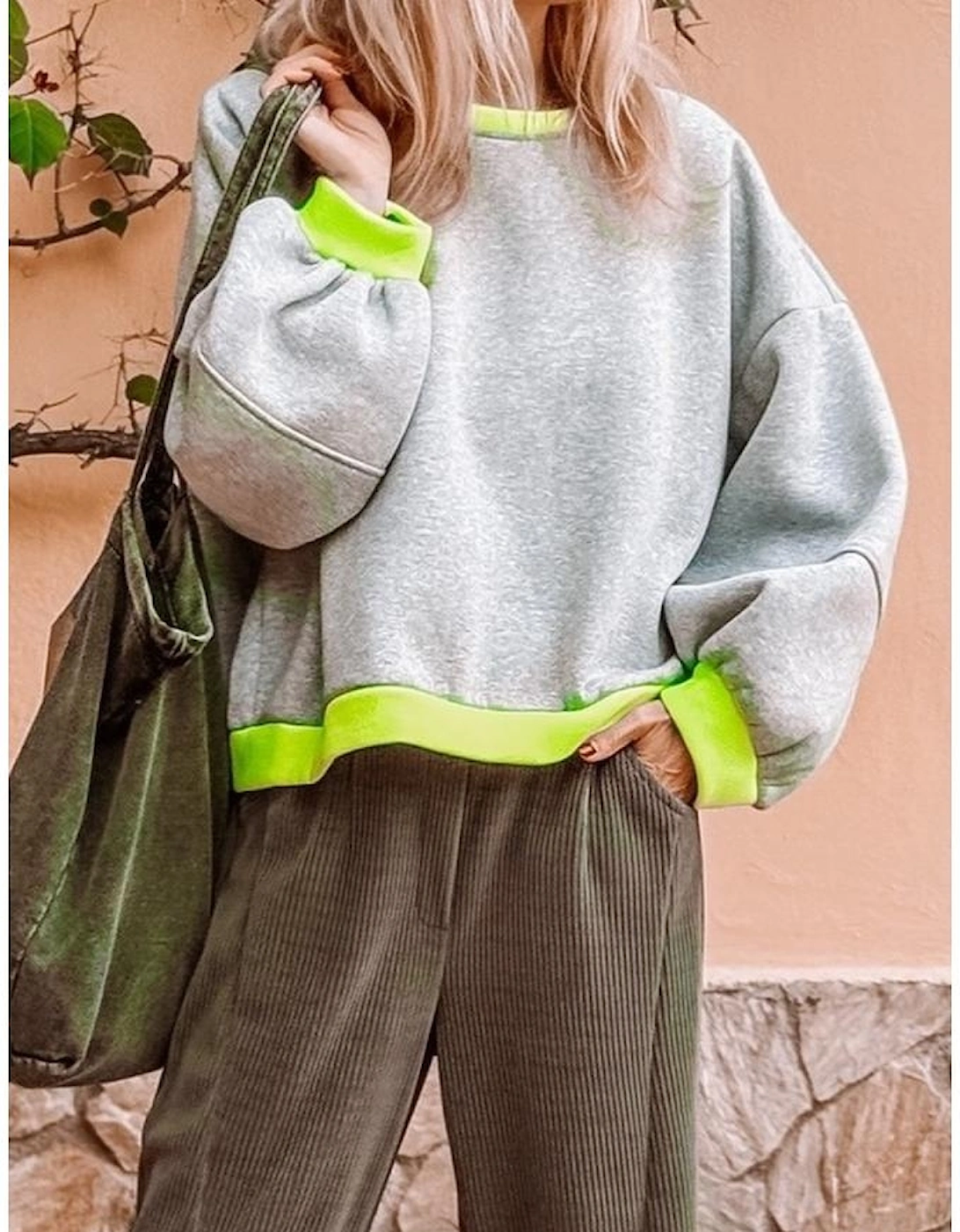 Light Grey Contrast Color Banding Patchwork Puff Sleeve Loose Sweatshirt