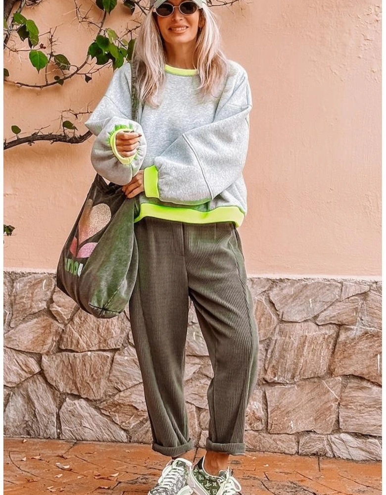 Light Grey Contrast Color Banding Patchwork Puff Sleeve Loose Sweatshirt