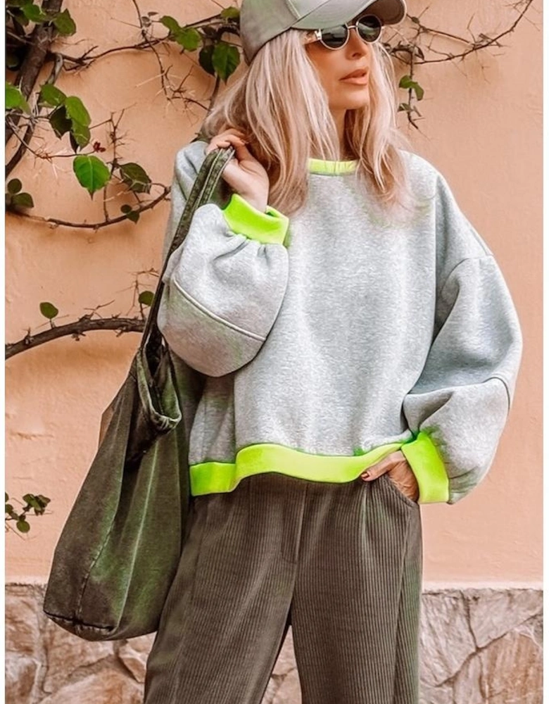 Light Grey Contrast Color Banding Patchwork Puff Sleeve Loose Sweatshirt