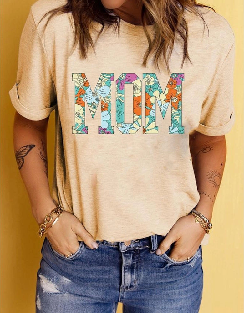 Khaki MOM Floral Letter Print T Shirt