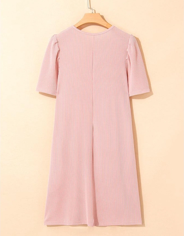 Blossom Corded Knit Crew Neck Puff Sleeve Shift Mini Dress