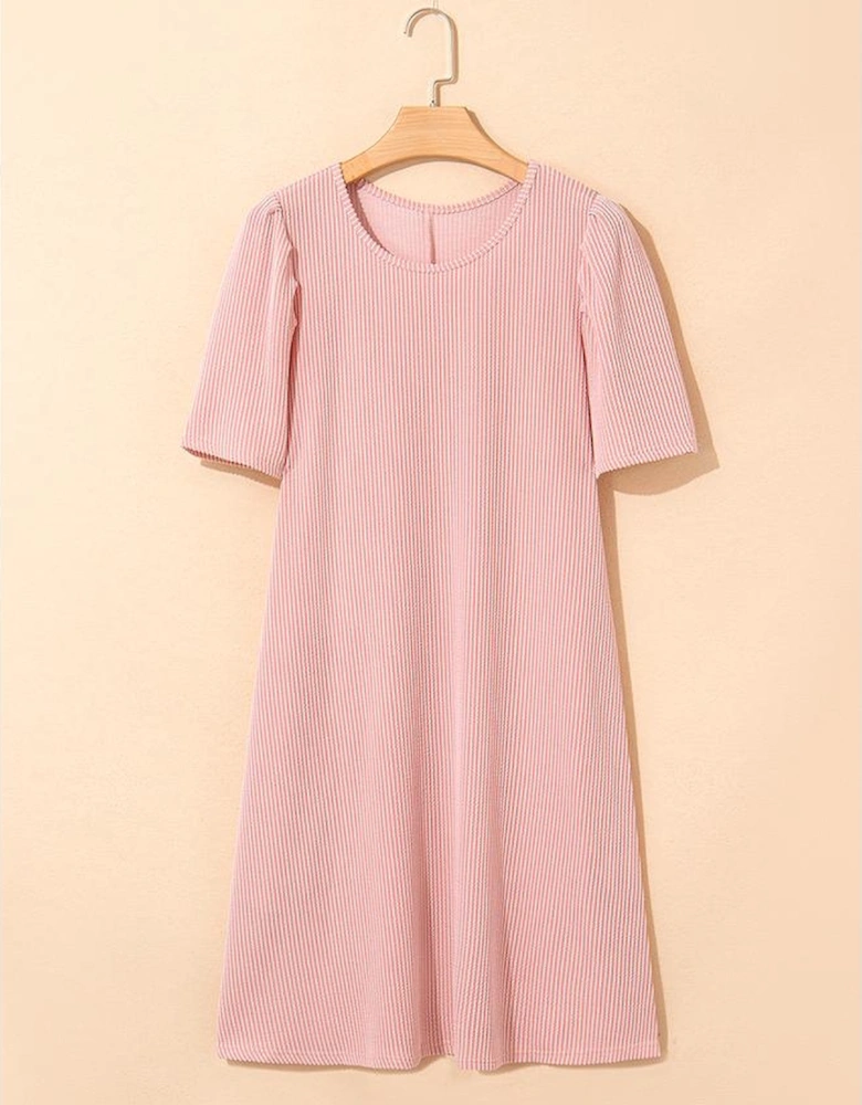 Blossom Corded Knit Crew Neck Puff Sleeve Shift Mini Dress