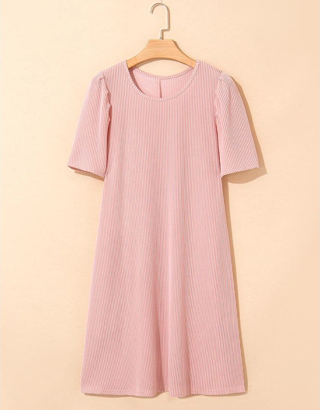 Blossom Corded Knit Crew Neck Puff Sleeve Shift Mini Dress