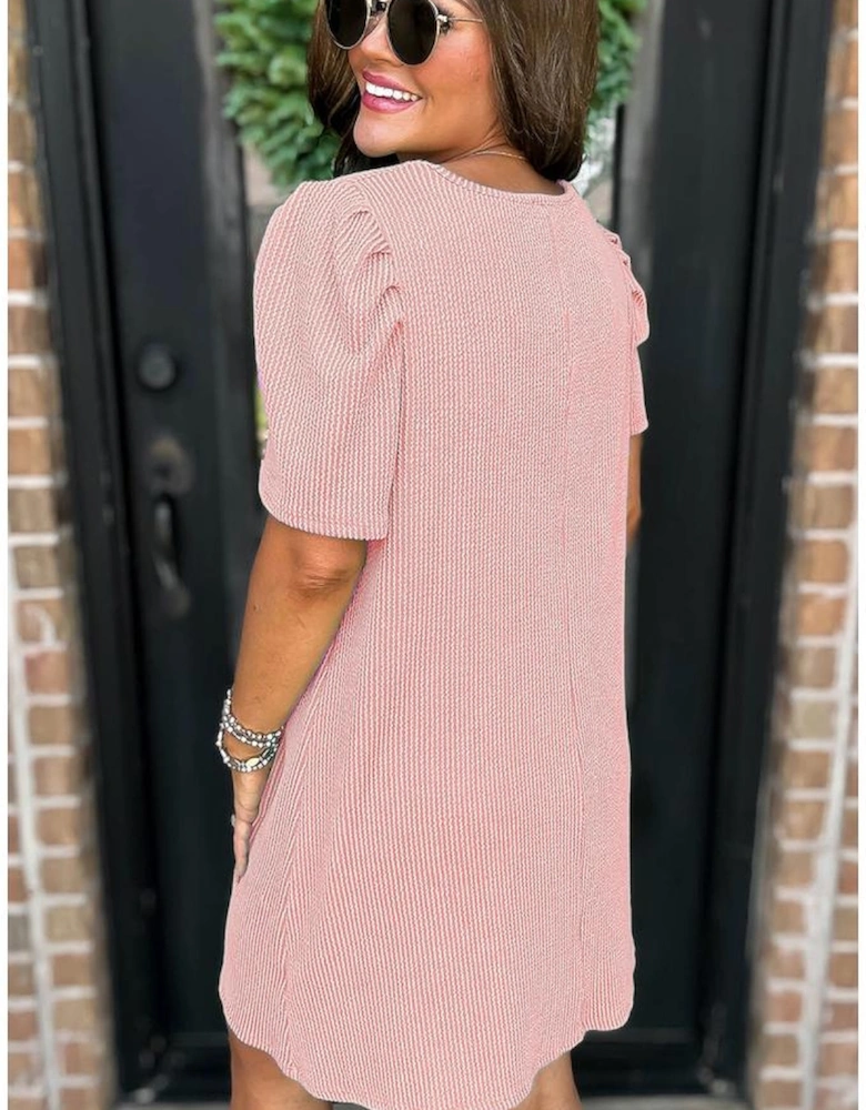 Blossom Corded Knit Crew Neck Puff Sleeve Shift Mini Dress