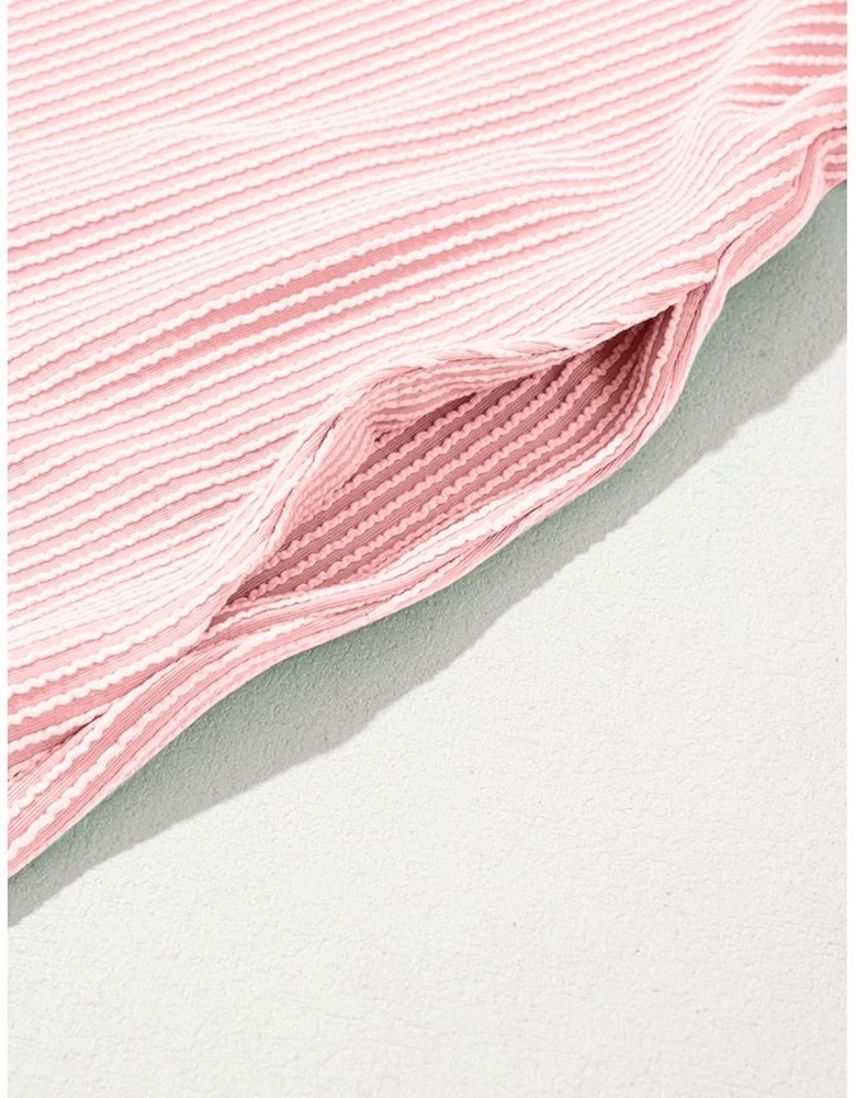 Blossom Corded Knit Crew Neck Puff Sleeve Shift Mini Dress