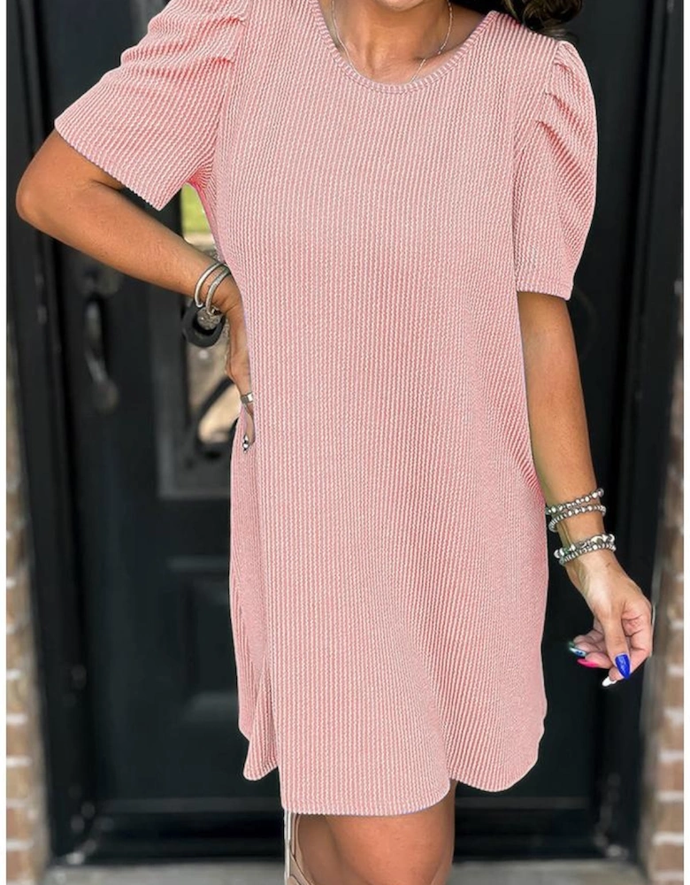 Blossom Corded Knit Crew Neck Puff Sleeve Shift Mini Dress