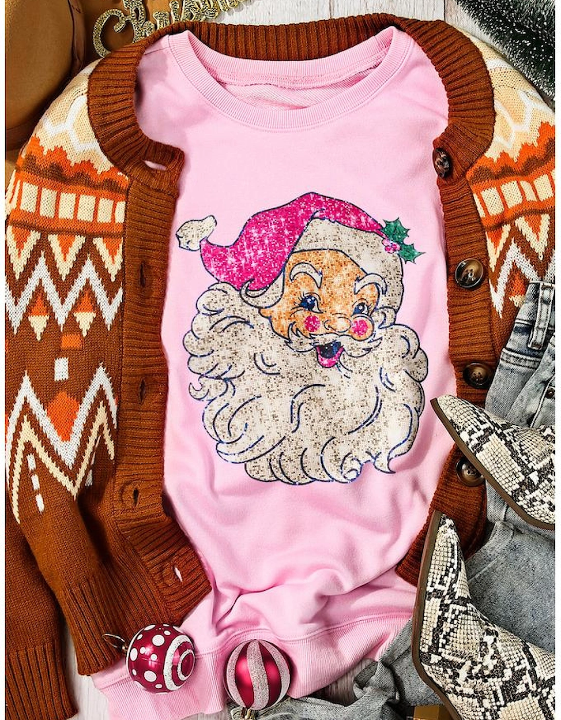 Pink Bold Christmas Claus Graphic Drop Shoulder Sweatshirt