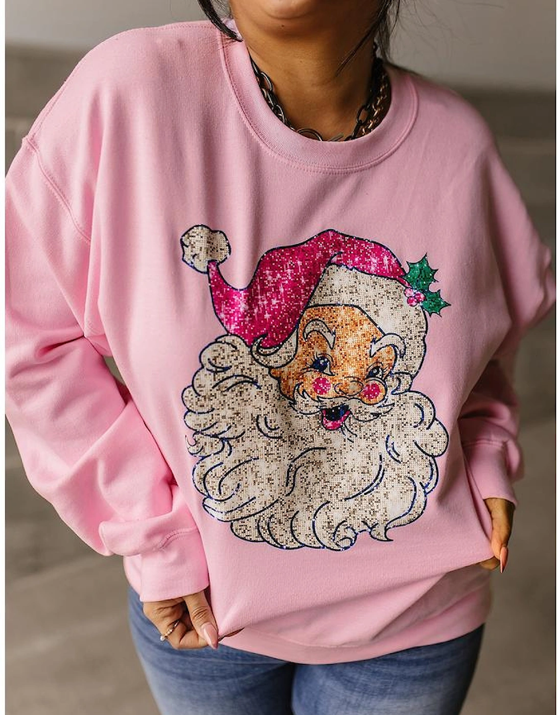 Pink Bold Christmas Claus Graphic Drop Shoulder Sweatshirt