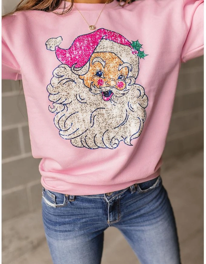 Pink Bold Christmas Claus Graphic Drop Shoulder Sweatshirt