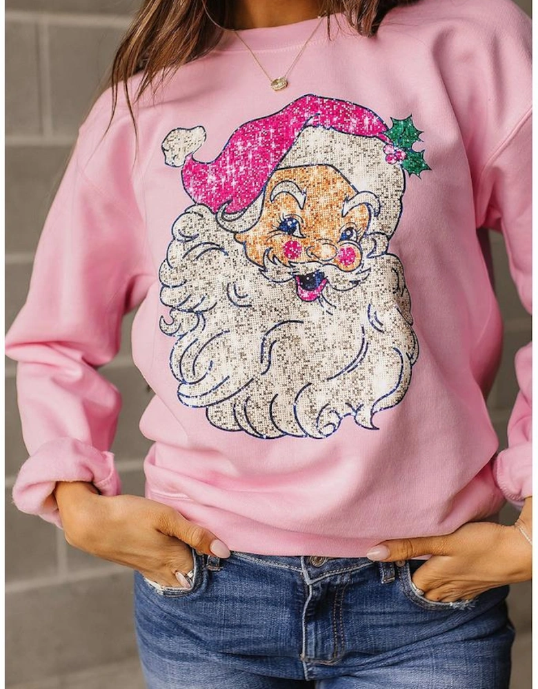 Pink Bold Christmas Claus Graphic Drop Shoulder Sweatshirt