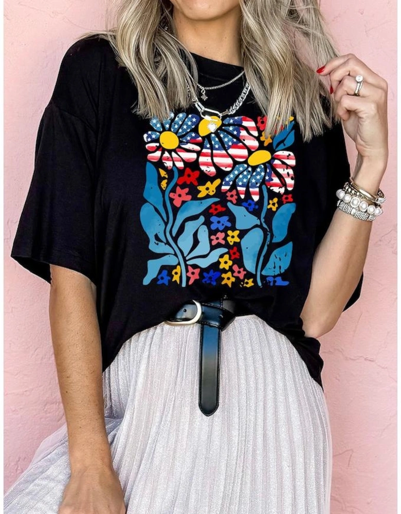 Black USA Flag Flower Graphic Drop Shoulder T Shirt